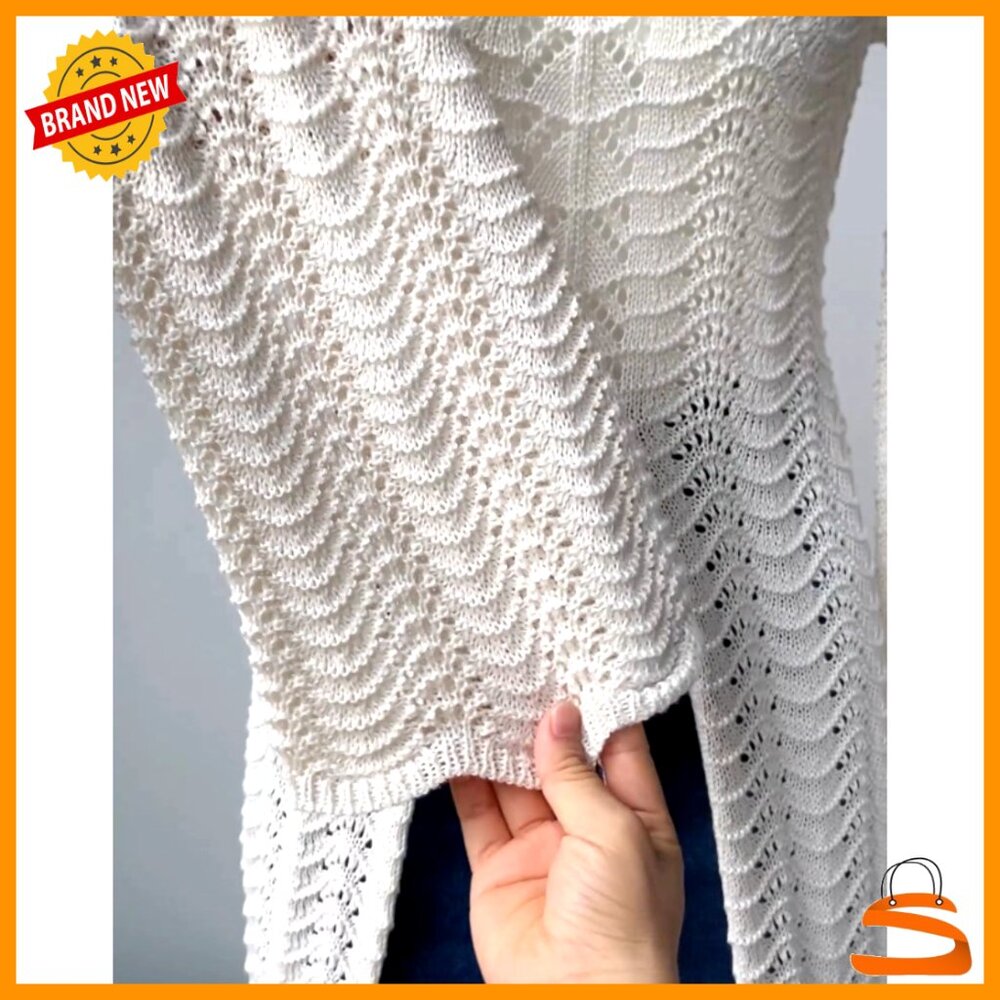 Large Acrylic Hollow Out Knit Sweater Bell Sleeve Split Front Cover Up - Picture 6 of 7